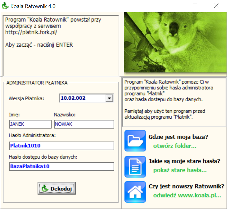 Koala Ratownik 4.0 - Odczyt ukrytego hasła Płatnika w systemie Windows