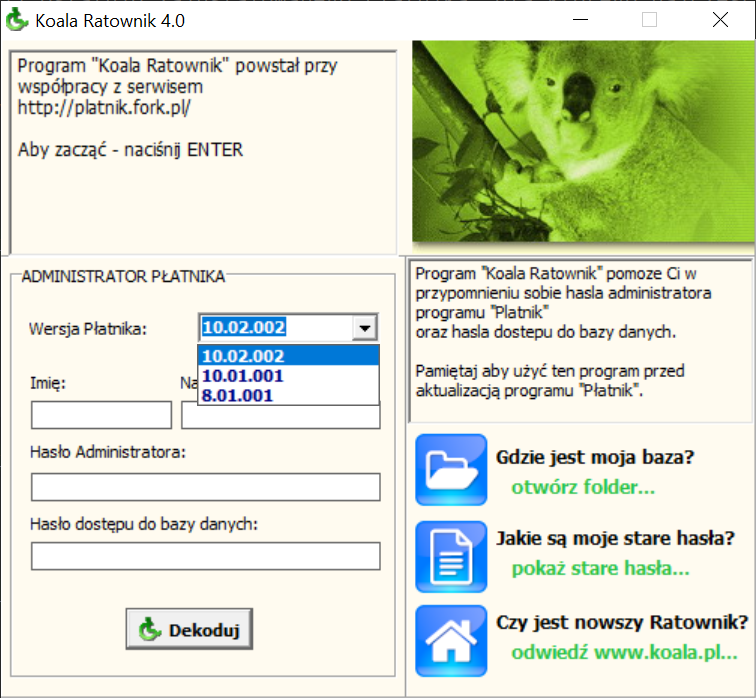 Koala Ratownik 4.0 - Automatyczne wykrywanie wszystkich zainstalowanych wersji Płatnika