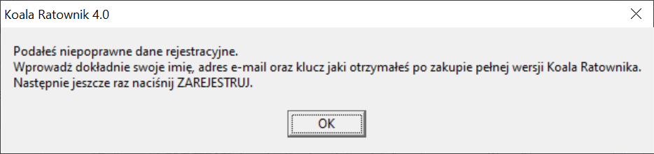 Koala Ratownik - Rejestracja Programu - nieprawidłowe dane