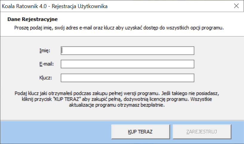 Koala Ratownik - Rejestracja Programu - puste dane