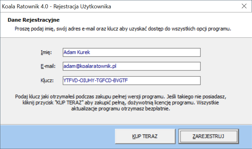 Koala Ratownik - Rejestracja Programu - wprowadzone dane