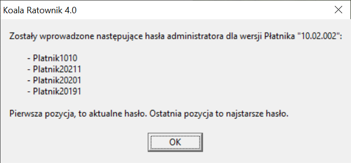 Koala Ratownik 4.0 - Okienko "Jakie są moje stare hasła Administratora?"