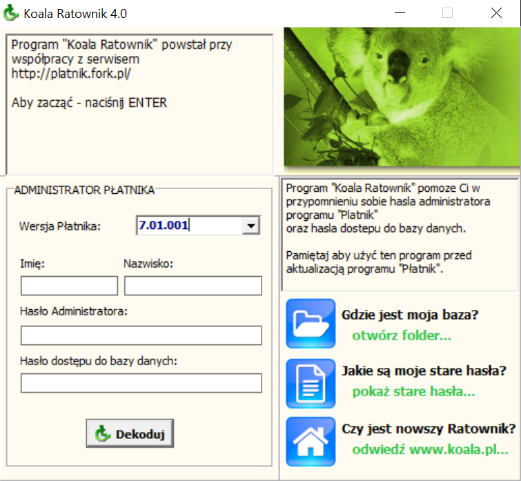 Koala Ratownik 4.0 - Ręczne wprowadzenie wersji Płatnika